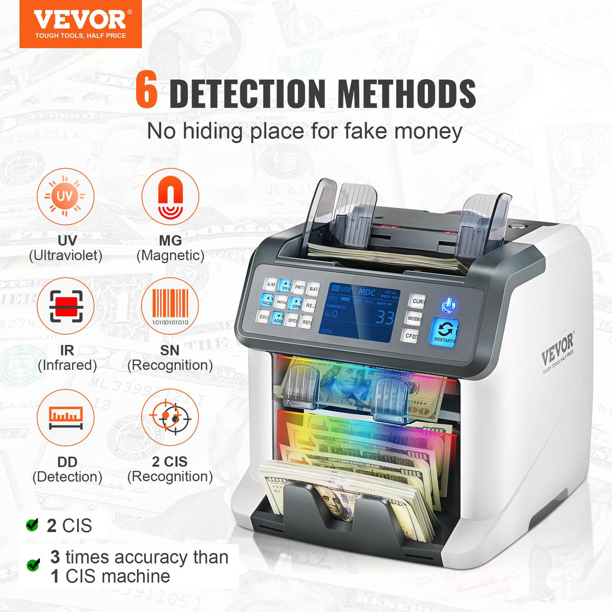 VEVOR Money Counter Machine, Bill Counter with Mixed Denomination, 2CIS, SN, UV, IR, MG, DD Counterfeit Detection, Multi Currency, Value Counting Cash Counter and Sorter, Printer Enabled