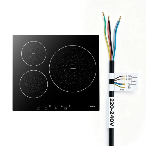 VEVOR Induction Cooktop 60 cm 3 Burners Built-in Electric Stove 220V 6200W, Low-Power Continuous Heating, Induction Burner, with 9 Power Levels, LED Touch Screen, and Child Lock, for Kitchen, RV