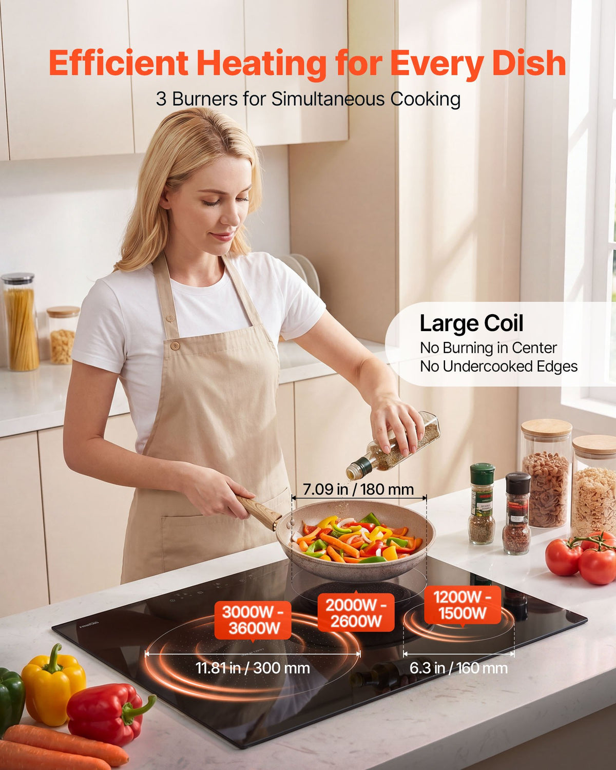 VEVOR Induction Cooktop 60 cm 3 Burners Built-in Electric Stove 220V 6200W, Low-Power Continuous Heating, Induction Burner, with 9 Power Levels, LED Touch Screen, and Child Lock, for Kitchen, RV
