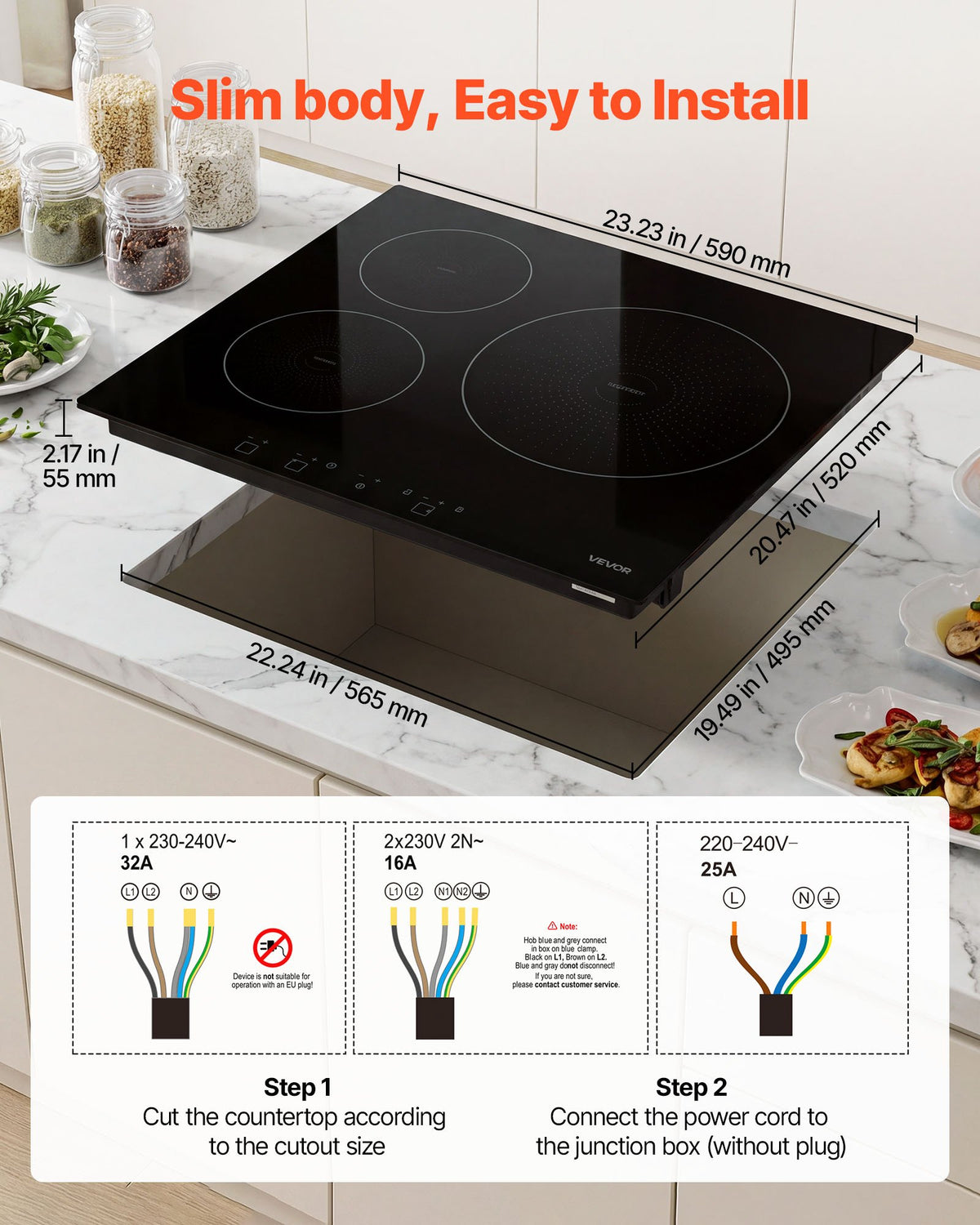 VEVOR Induction Cooktop 60 cm 3 Burners Built-in Electric Stove 220V 6200W, Low-Power Continuous Heating, Induction Burner, with 9 Power Levels, LED Touch Screen, and Child Lock, for Kitchen, RV