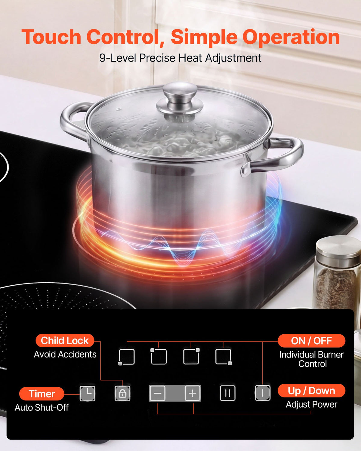 VEVOR Induction Cooktop 60 cm 4 Burners Built-in Electric Stove 220V 7000W, Low-Power Continuous Heating, Induction Burner, with 9 Power Levels, LED Touch Screen, Child Lock, for Kitchen, RV