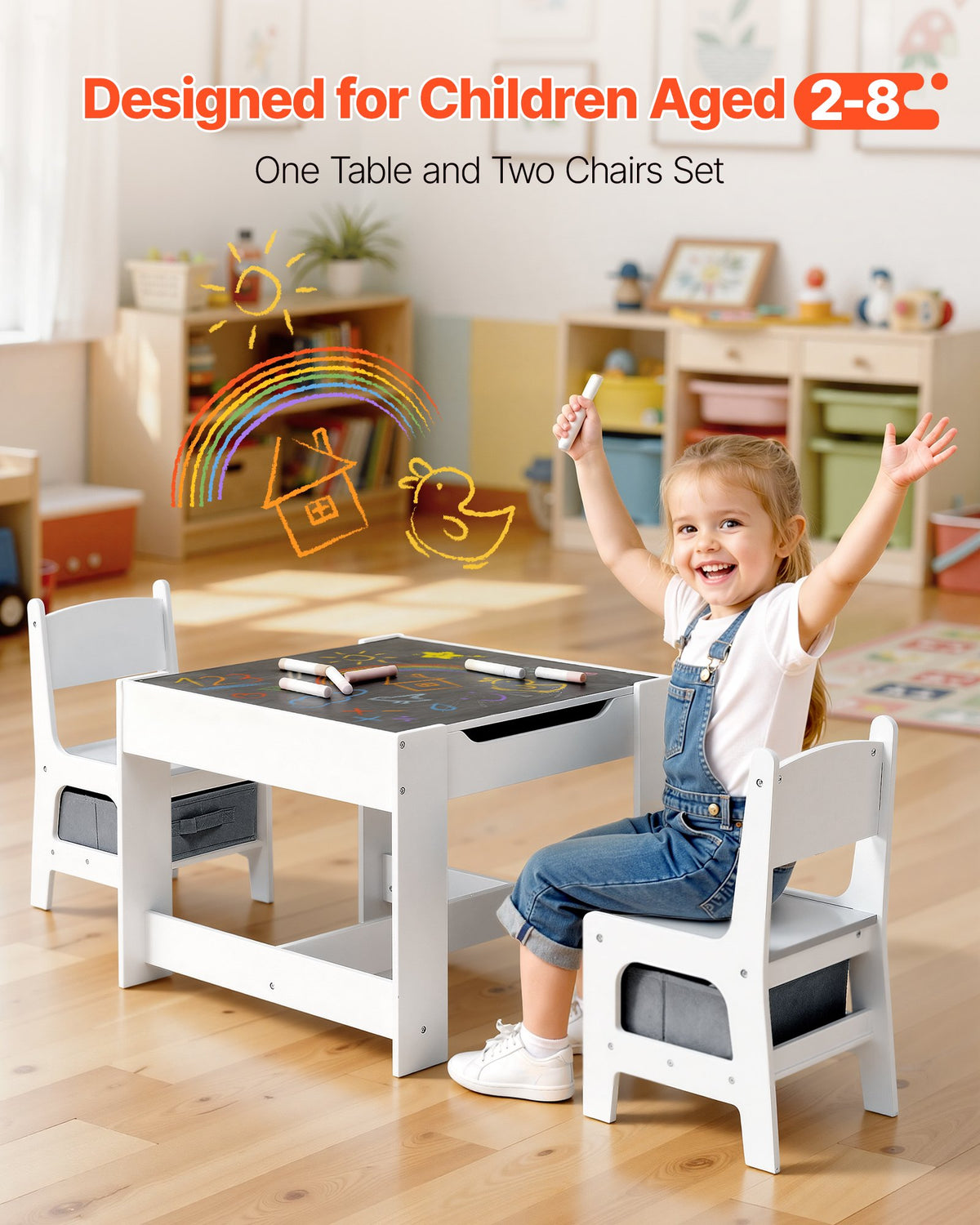 VEVOR Kids Table and 2 Chairs Set, Toddler Table and Chair Set with Storage Space under the Table, Cloth Storage Box under the Chairs, Wooden Desk for Art, Craft, Reading, Learning, Drawing, White