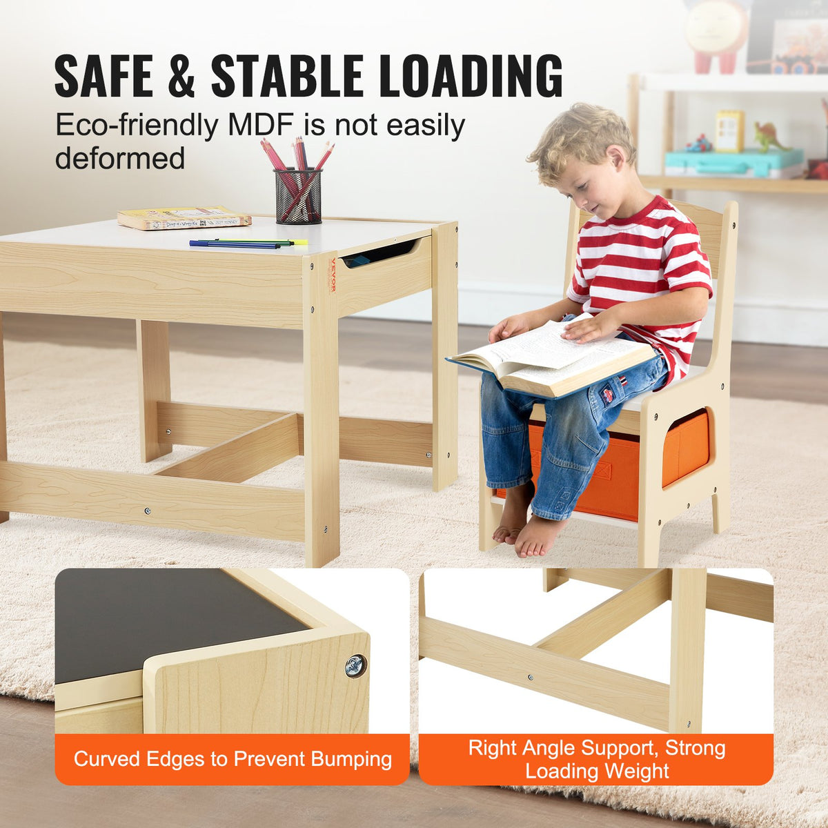 VEVOR Kids Table and Chair Set, Wooden Activity Table with Storage Space and Boxes, Kids Play Table for Toddlers Art, Craft, Reading, Learning