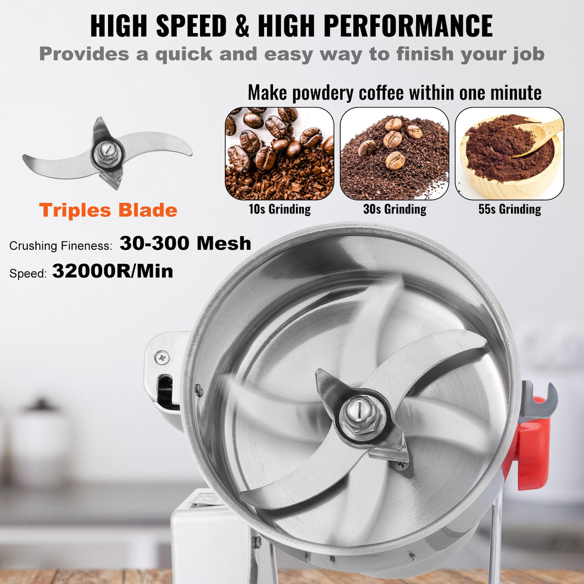 VEVOR 2000g Electric Grain Mill Grinder, High Speed 3400W Commercial Spice Grinders, Stainless Steel Pulverizer Powder Machine, for Dry Grains Spices Cereals Coffee Corn Pepper, Swing Type