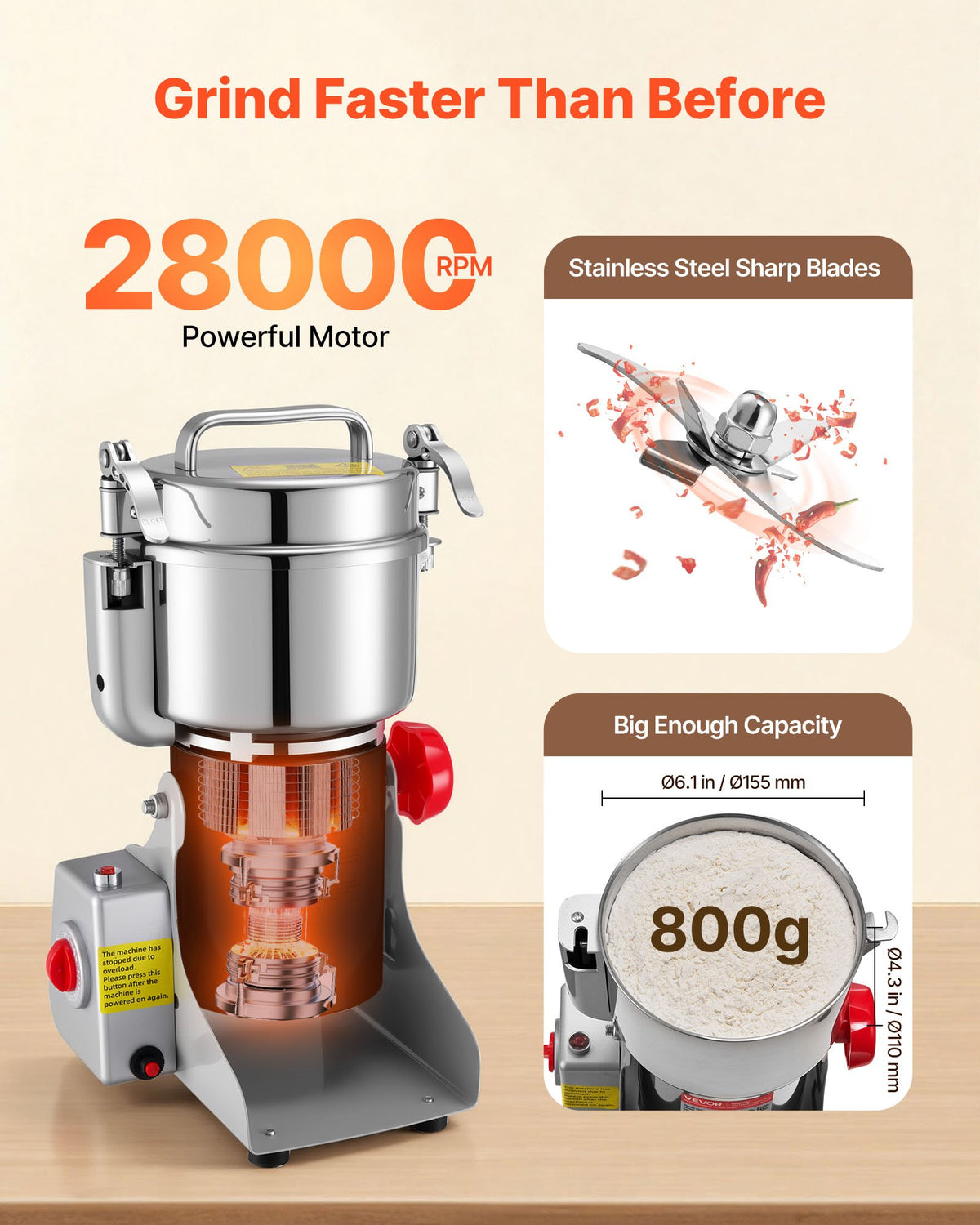 VEVOR Electric Grain Mill Grinder, 800g Commercial Spice Grinders, High Speed 2100W Stainless Steel Pulverizer Powder Machine, for Dry Grains, Spices, Cereals, Coffee, Corn & Pepper, Swing Type