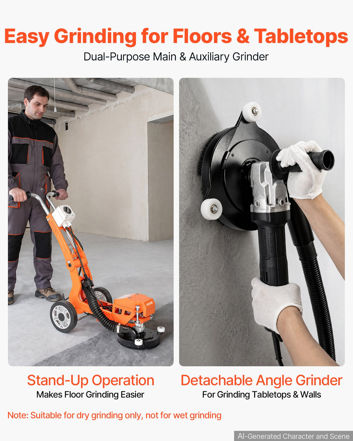 VEVOR Electric Concrete Grinder 1400W 3700 RPM, Walk Behind Floor Polisher, Marble, Stone, Epoxy Floor Polishing, 18 cm Grinding Disc, Adjustable Handle, with Vacuum Port, Dual Debris Control, Orange