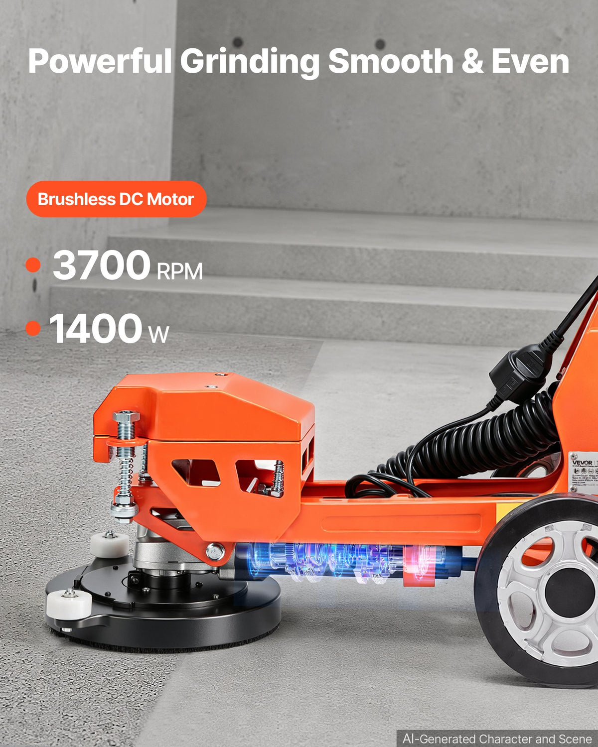 VEVOR Electric Concrete Grinder 1400W 3700 RPM, Walk Behind Floor Polisher, Marble, Stone, Epoxy Floor Polishing, 18 cm Grinding Disc, Adjustable Handle, with Vacuum Port, Dual Debris Control, Orange