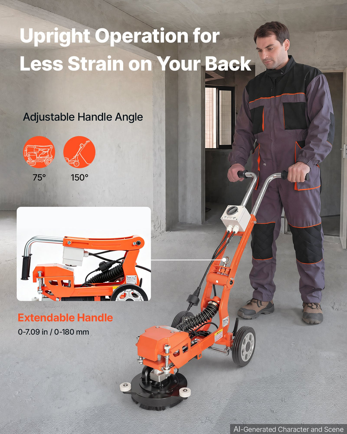 VEVOR Electric Concrete Grinder 1400W 3700 RPM, Walk Behind Floor Polisher, Marble, Stone, Epoxy Floor Polishing, 18 cm Grinding Disc, Adjustable Handle, with Vacuum Port, Dual Debris Control, Orange