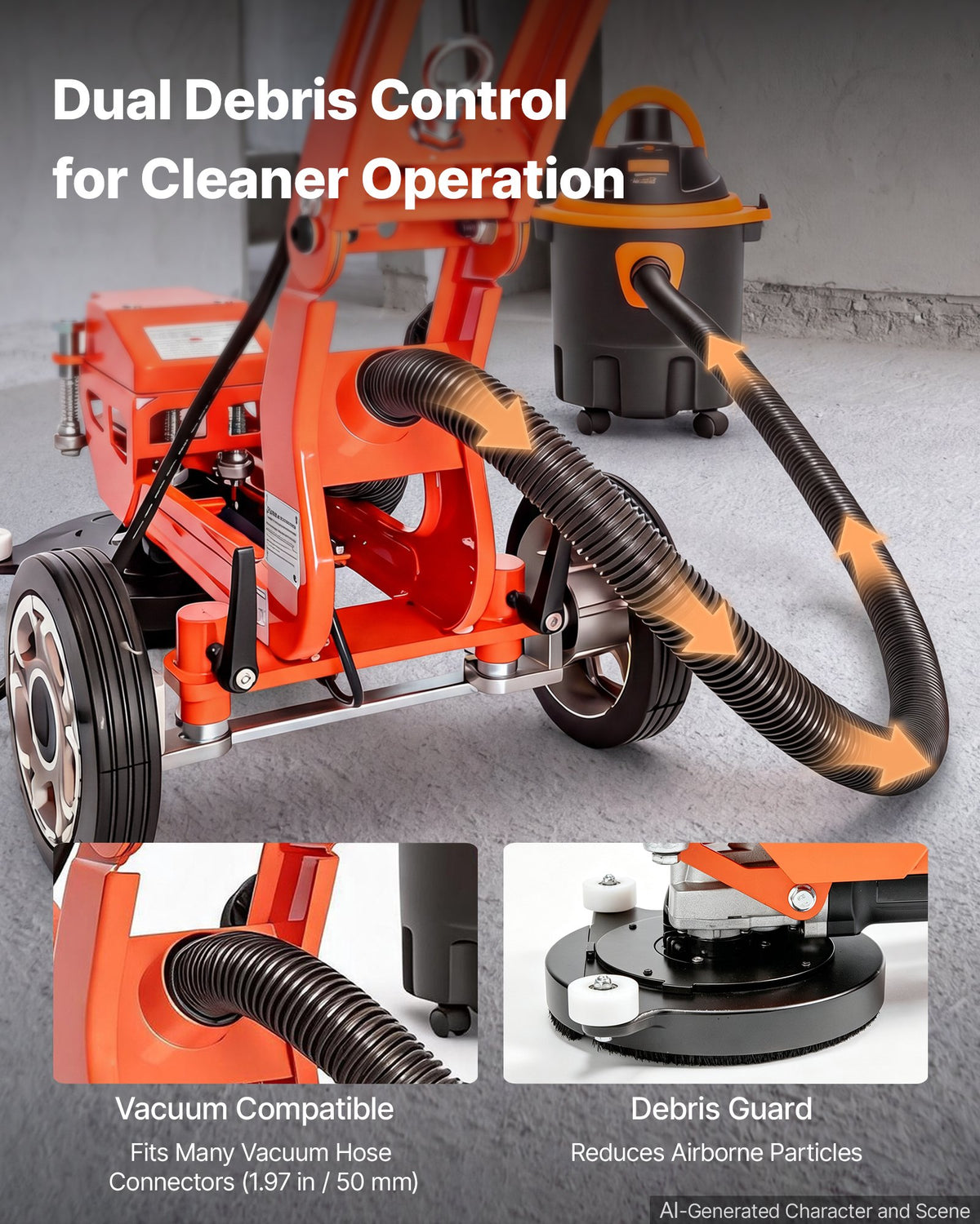VEVOR Electric Concrete Grinder 1400W 3700 RPM, Walk Behind Floor Polisher, Marble, Stone, Epoxy Floor Polishing, 18 cm Grinding Disc, Adjustable Handle, with Vacuum Port, Dual Debris Control, Orange