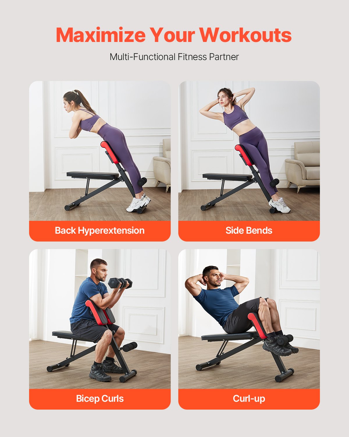 VEVOR Multi-Functional Weight Bench for Full Body Workout, Roman Chair Hyperextension Bench, 330 lbs Adjustable & Foldable Equipment for Back Arm Core Ab Workout, Sit Up Exercise Machine for Home Gym