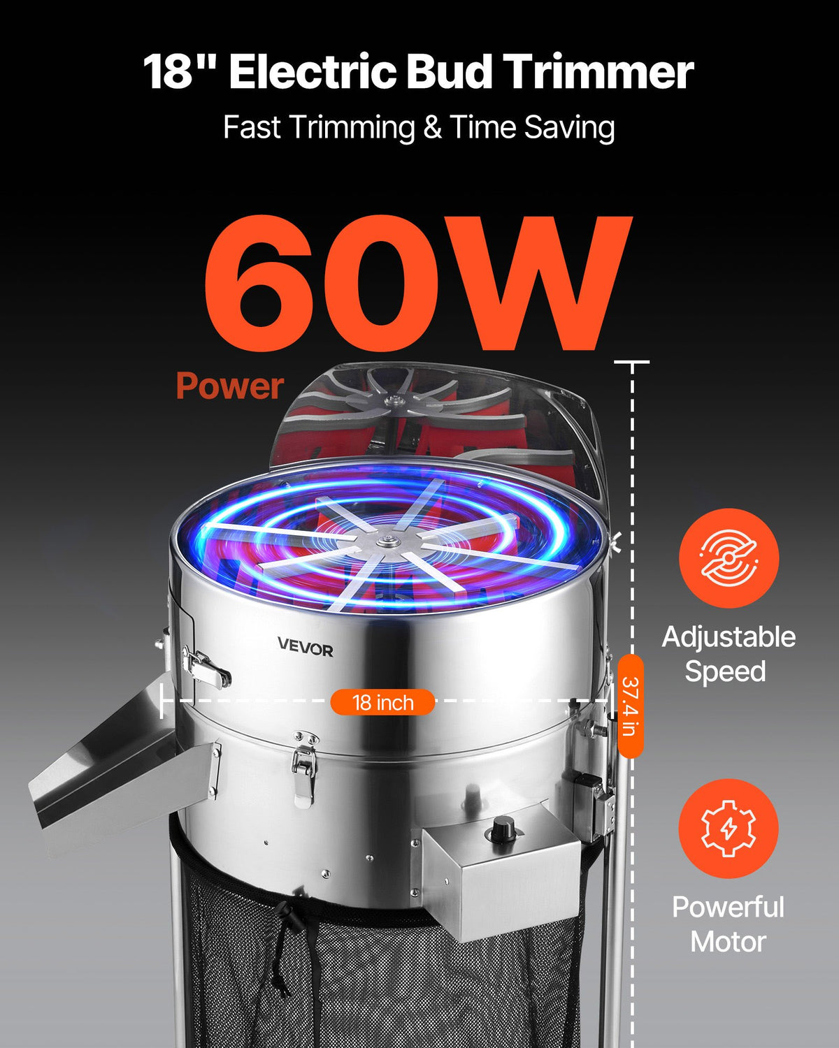 VEVOR Electric Bud Leaf Trimmer, 415mm Tiltable Bud Trimmer with Sharp Stainless Steel Blades, Adjustable Speed, Hydroponic Cutting Machine with Collection Bag Hand Pruner & Scissors, for Leaves Buds
