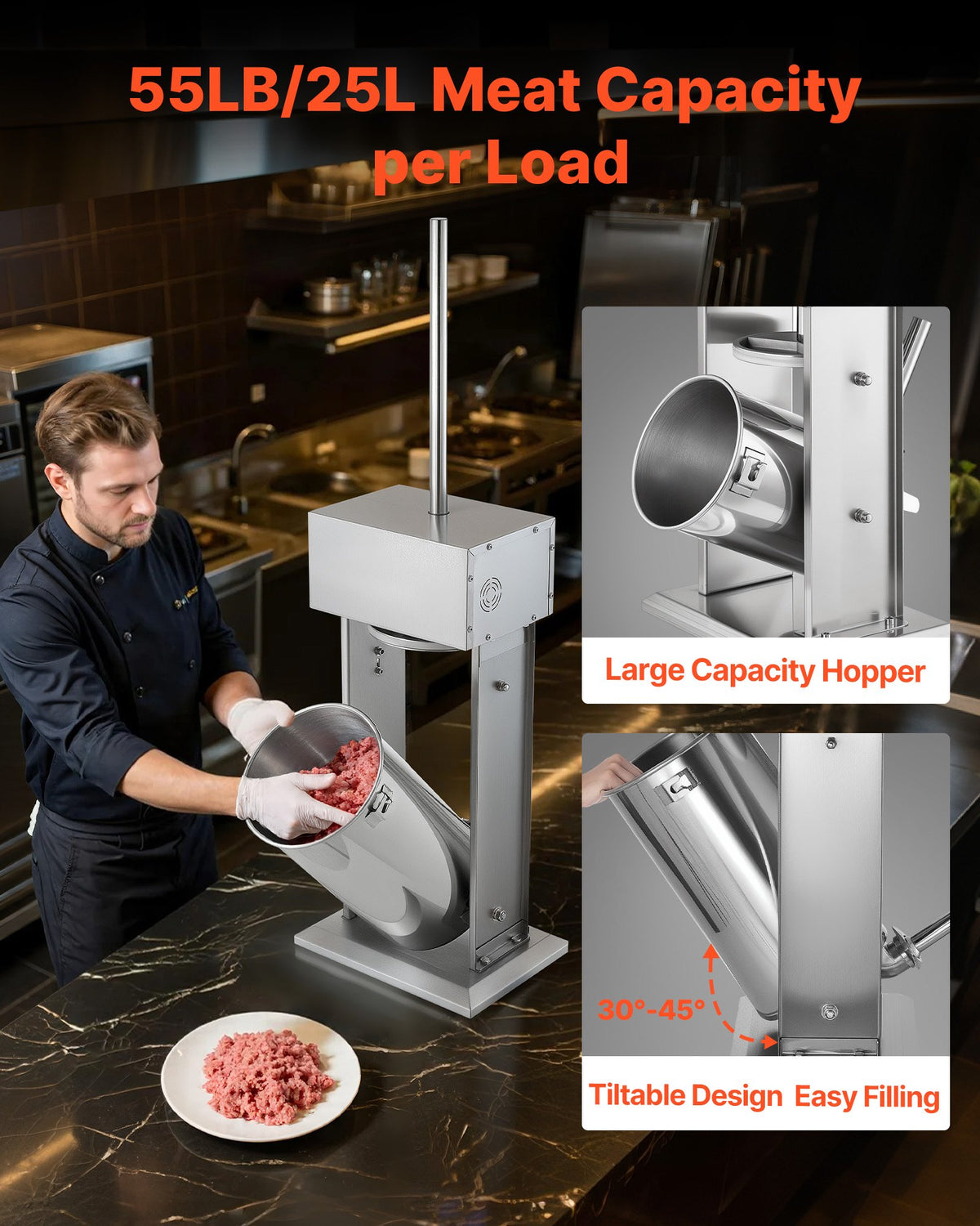VEVOR Electric Sausage Stuffer, 55 LBS / 25 L Vertical Meat Stuffer, Stepless Speed Control and Foot Pedal, Stainless Steel Heavy Duty Sausage Filler with 5 Stuffing Tubes, for Commercial & Home Use