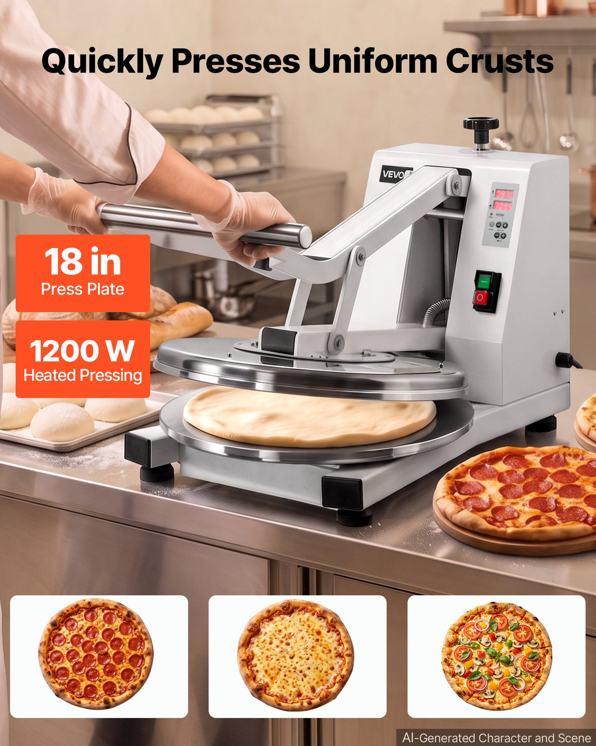 VEVOR Commercial Pizza Dough Press Machine 45cm Electric Dough Sheeter, Ideal for Bakery Home Restaurant Use, 1200W Cast Aluminum Pastry Press Plate, Adjustable Thickness Bread Forming Presser
