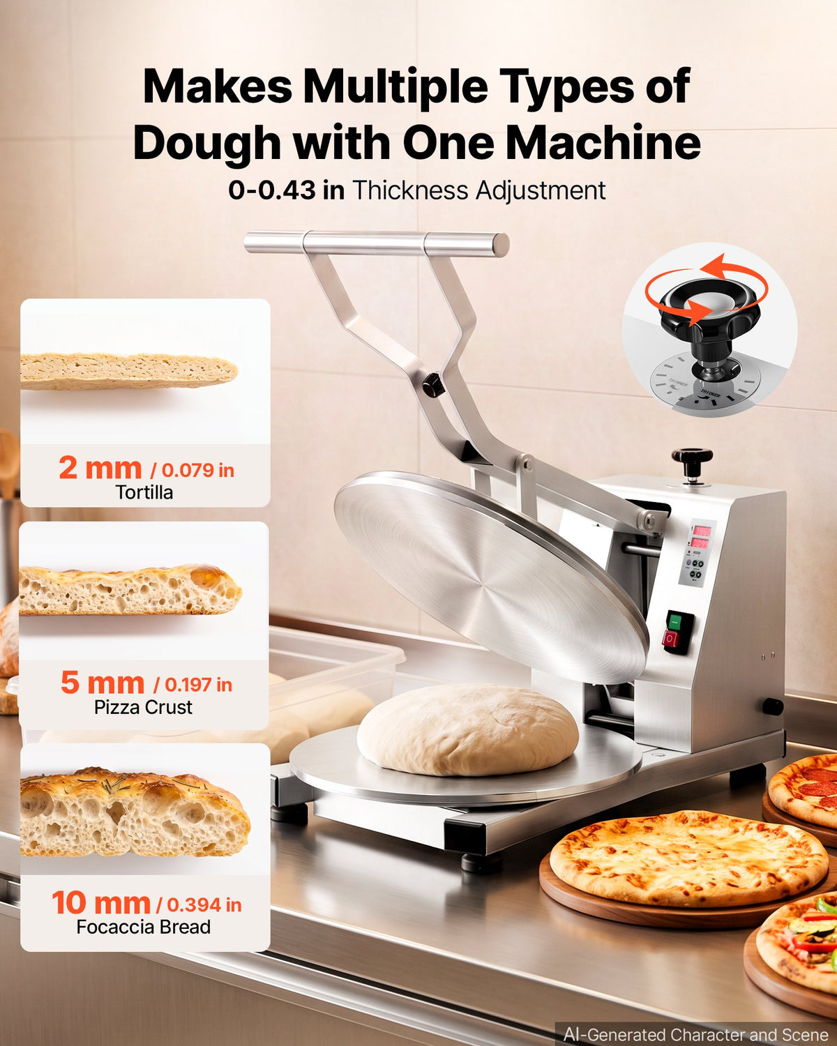 VEVOR Commercial Pizza Dough Press Machine 45cm Electric Dough Sheeter, Ideal for Bakery Home Restaurant Use, 1200W Cast Aluminum Pastry Press Plate, Adjustable Thickness Bread Forming Presser
