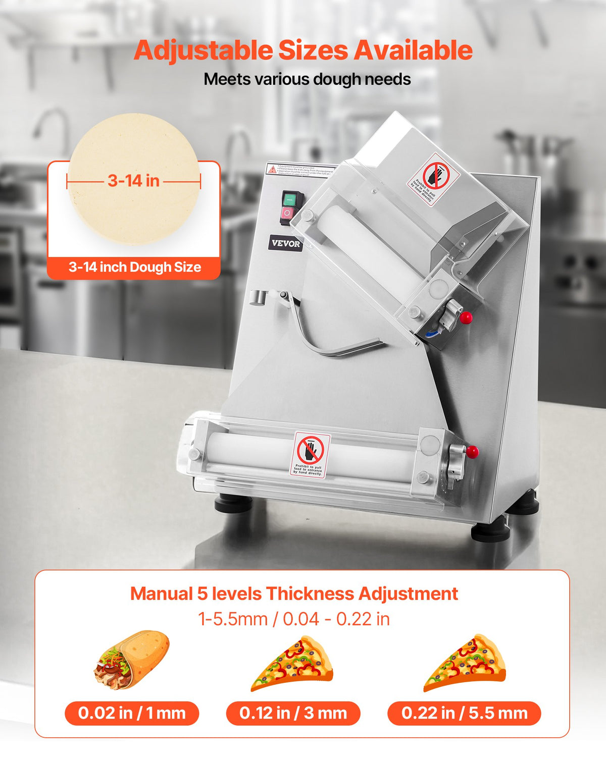 VEVOR Pizza Dough Roller Sheeter, 3-14 Inch Automatic Stainless Steel Pizza Press, Commercial Electric 370W Pasta Maker Machine, 260 pcs Per Hour, Adjustable Thickness, with Dough Press Lid