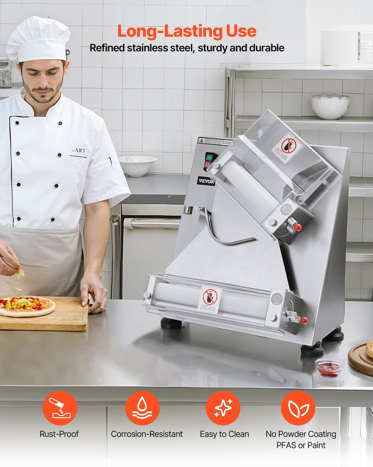 VEVOR Pizza Dough Roller Sheeter, 3-14 Inch Automatic Stainless Steel Pizza Press, Commercial Electric 370W Pasta Maker Machine, 260 pcs Per Hour, Adjustable Thickness, with Dough Press Lid