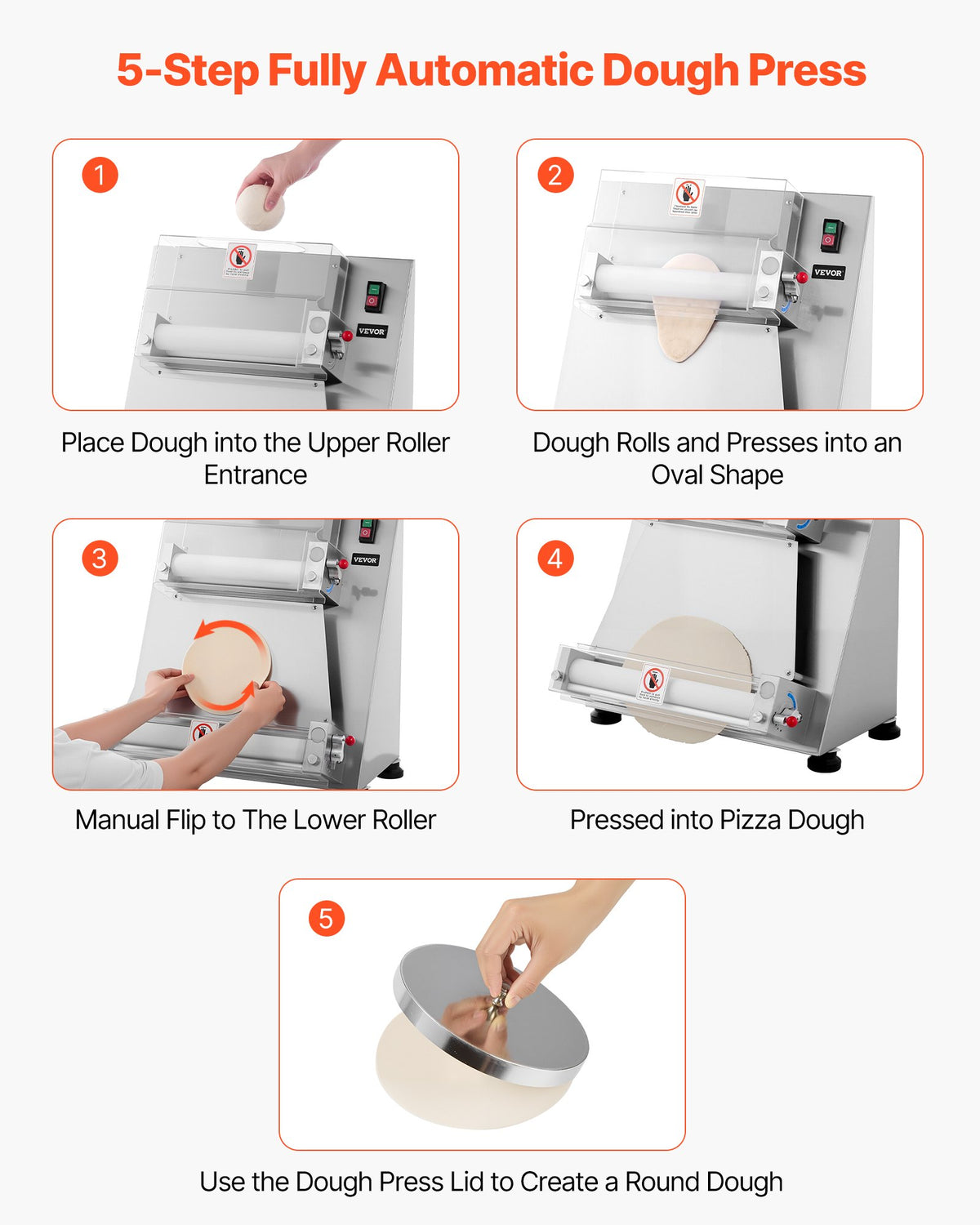 VEVOR Pizza Dough Roller Sheeter, 3-16 Inch Semi-automatic Stainless Steel Pizza Press, Commercial Electric 390W Pasta Maker Machine, 260 pcs Per Hour, Adjustable Thickness, with Dough Press Lid