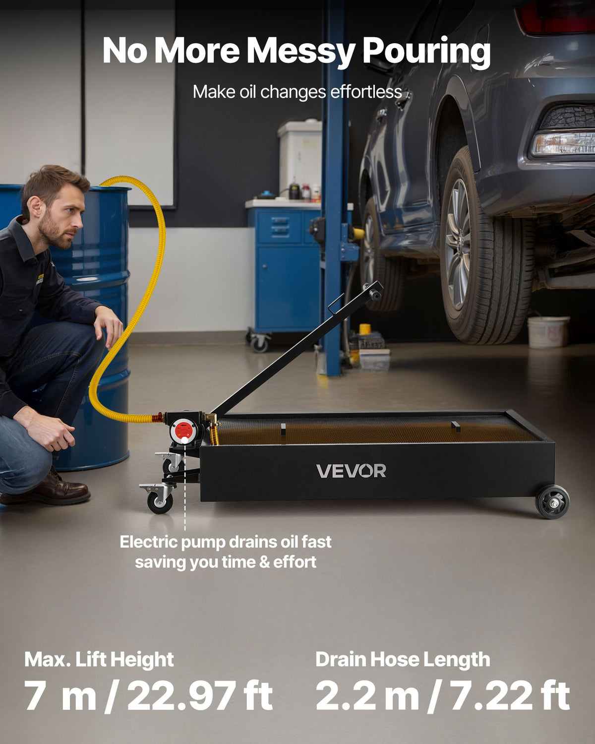 VEVOR Low Profile Oil Drain Pan, 75.7 L Capacity, Rolling Oil Drain Pan with Electric Pump & 2.2 m Hose, Leak-proof & Corrosion-resistant, Fit for Cars, SUVs, Trucks, Motorcycles, ATVs, Metal