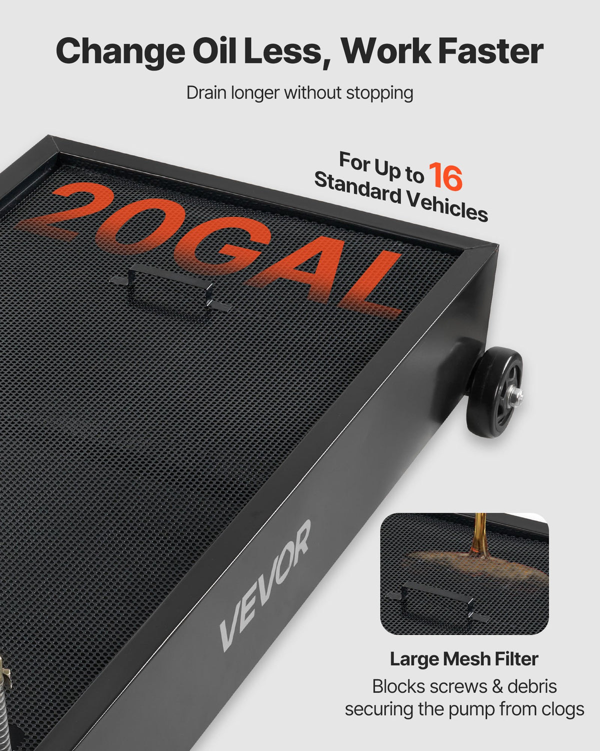 VEVOR Low Profile Oil Drain Pan, 75.7 L Capacity, Rolling Oil Drain Pan with Electric Pump & 2.2 m Hose, Leak-proof & Corrosion-resistant, Fit for Cars, SUVs, Trucks, Motorcycles, ATVs, Metal