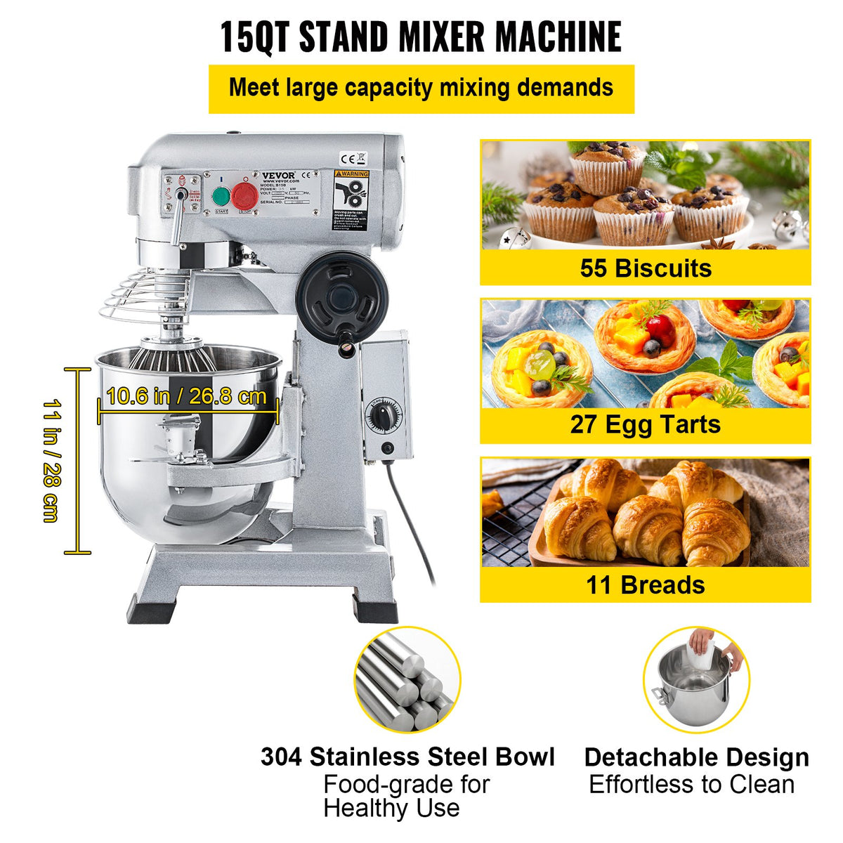 VEVOR Commercial Stand Mixer, 14.2 L Stainless Steel Bowl, 850W Heavy Duty Electric Food Mixer with 3 Speeds Adjustable 113/184/341 RPM, Dough Hook Whisk Beater Included, Perfect for Bakery Pizzeria