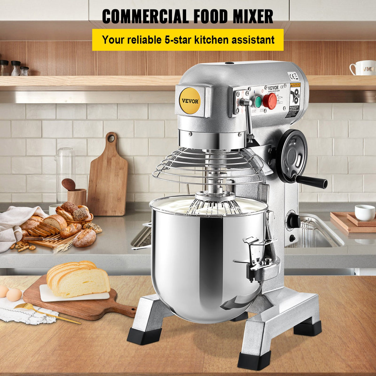 VEVOR Commercial Stand Mixer, 28.4 L Stainless Steel Bowl, 1500W Heavy Duty Electric Food Mixer with 3 Speeds Adjustable 108/199/382 RPM, Dough Hook Whisk Beater Included, Perfect for Bakery Pizzeria