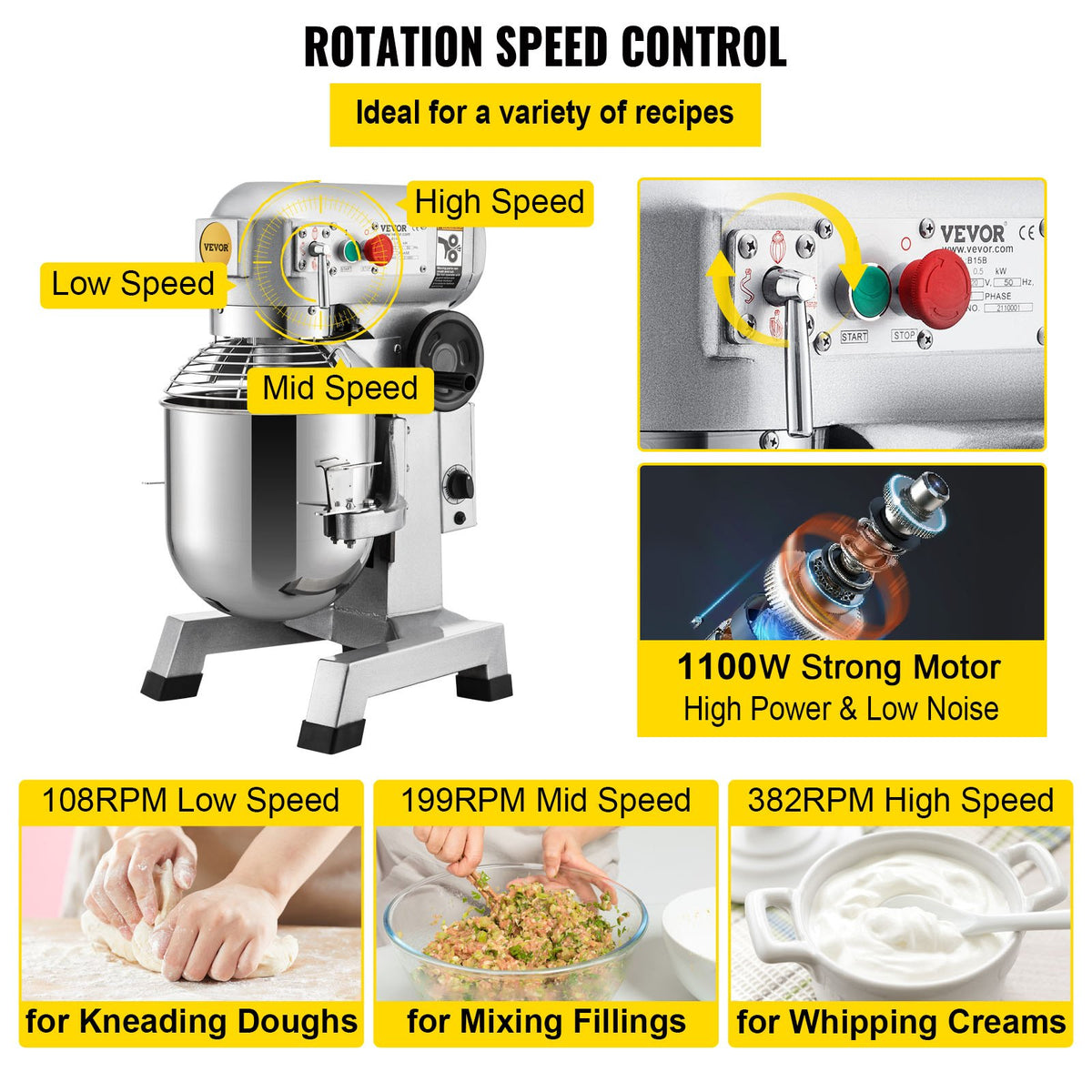 VEVOR Commercial Stand Mixer, 28.4 L Stainless Steel Bowl, 1500W Heavy Duty Electric Food Mixer with 3 Speeds Adjustable 108/199/382 RPM, Dough Hook Whisk Beater Included, Perfect for Bakery Pizzeria