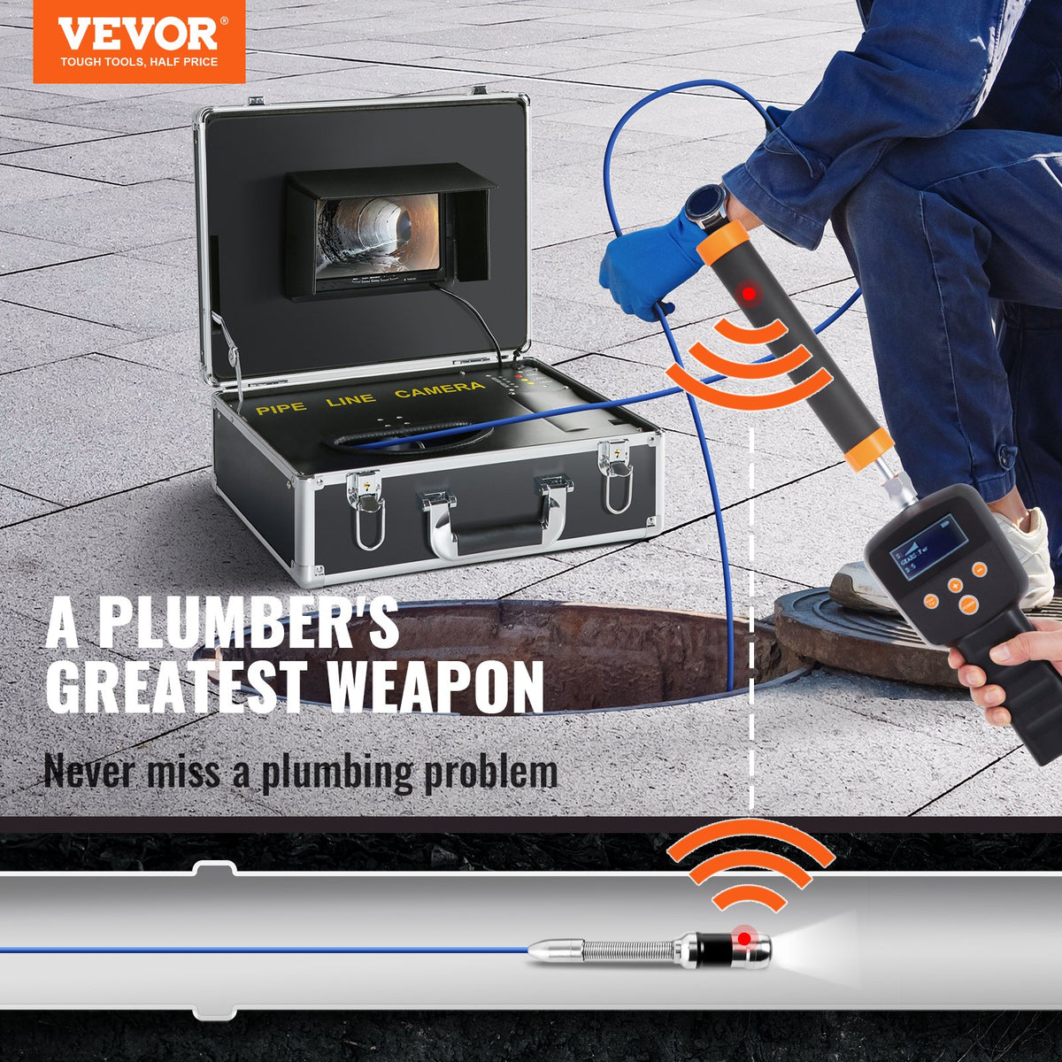VEVOR Sewer Camera Pipe Inspection Camera 17.8 cm 1000TVL Camera 30.5m w/Locator 512Hz