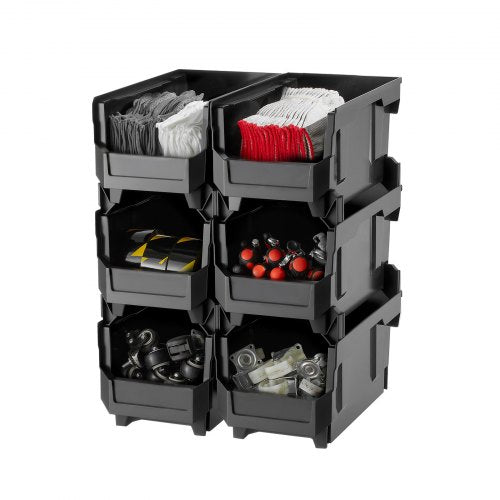 VEVOR Plastic Stackable Storage Bins, 37.7 x 21.5 x 18 cm (6 Pack), Plastic Containers for Organizing and Storage Bins for Closet, Garage, Small Parts, Office Supplies and Other Accessories, Black