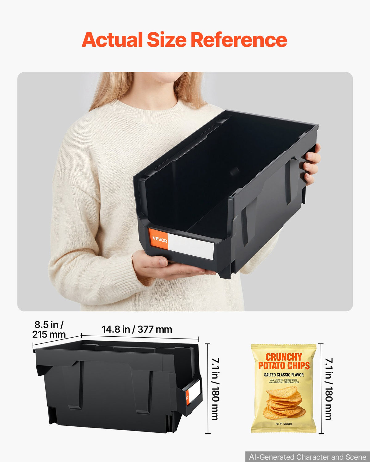VEVOR Plastic Stackable Storage Bins, 37.7 x 21.5 x 18 cm (6 Pack), Plastic Containers for Organizing and Storage Bins for Closet, Garage, Small Parts, Office Supplies and Other Accessories, Black