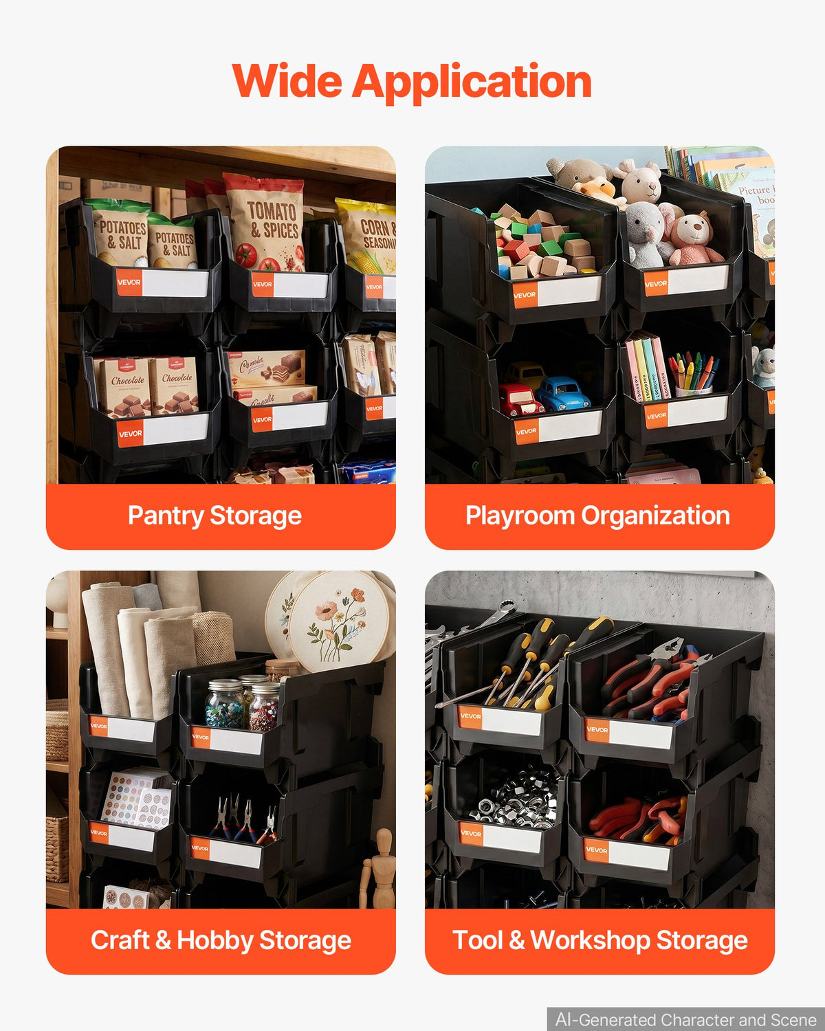 VEVOR Plastic Stackable Storage Bins, 37.7 x 21.5 x 18 cm (6 Pack), Plastic Containers for Organizing and Storage Bins for Closet, Garage, Small Parts, Office Supplies and Other Accessories, Black