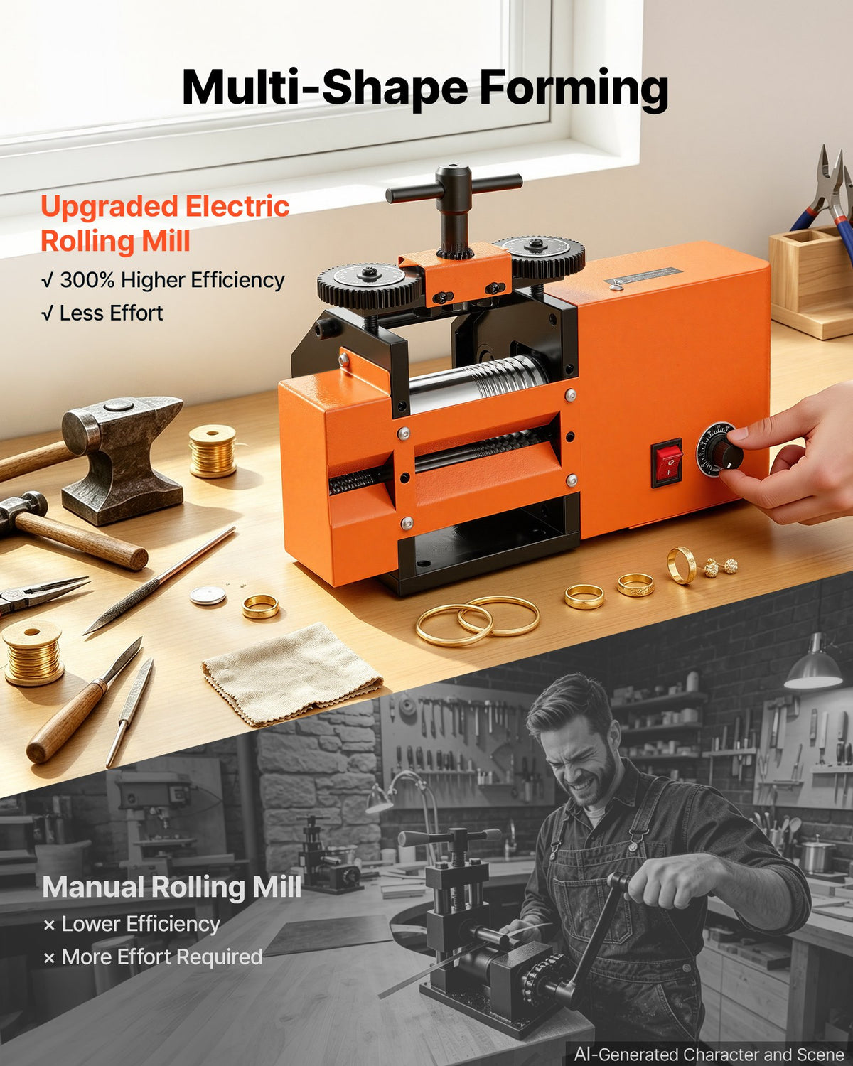 VEVOR Rolling Mill 3-in-1 Flat Square Round Electric Roller Mill Machine, Jewelry DIY Tool, 0.03-7 mm Adjustable Thickness, Stable & Even Rolling, for Pressing Ductile Metals, Gold, Silver, Copper