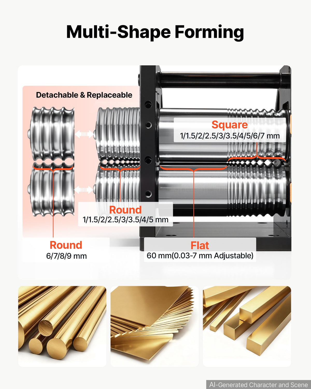 VEVOR Rolling Mill 3-in-1 Flat Square Round Electric Roller Mill Machine, Jewelry DIY Tool, 0.03-7 mm Adjustable Thickness, Stable & Even Rolling, for Pressing Ductile Metals, Gold, Silver, Copper