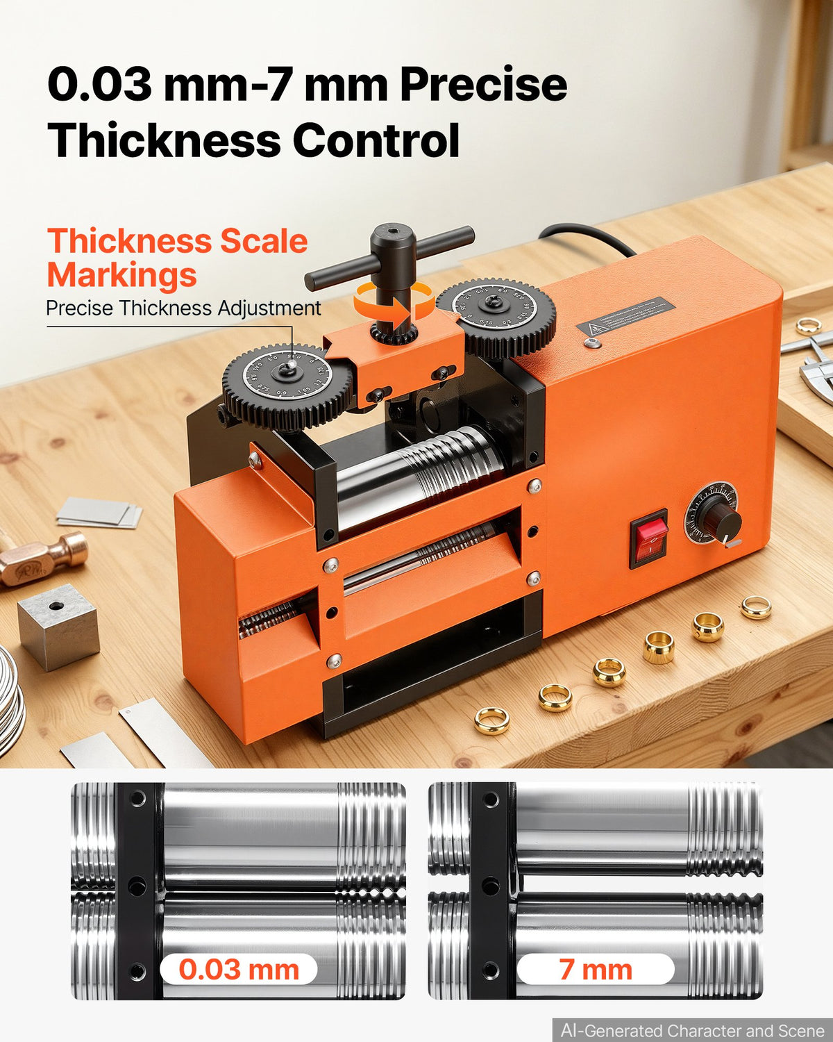 VEVOR Rolling Mill 3-in-1 Flat Square Round Electric Roller Mill Machine, Jewelry DIY Tool, 0.03-7 mm Adjustable Thickness, Stable & Even Rolling, for Pressing Ductile Metals, Gold, Silver, Copper