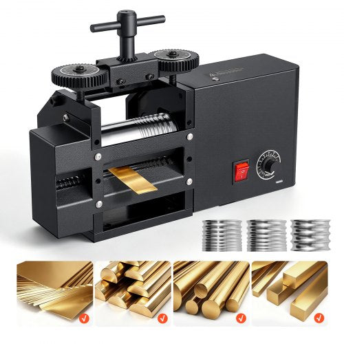 VEVOR Rolling Mill 4-in-1 Flat Square Round Half-Round Electric Roller Mill, Jewelry DIY Tool, 0.03-7 mm Adjustable Thickness, Stable & Even Rolling, for Pressing Ductile Metals, Gold, Silver, Copper