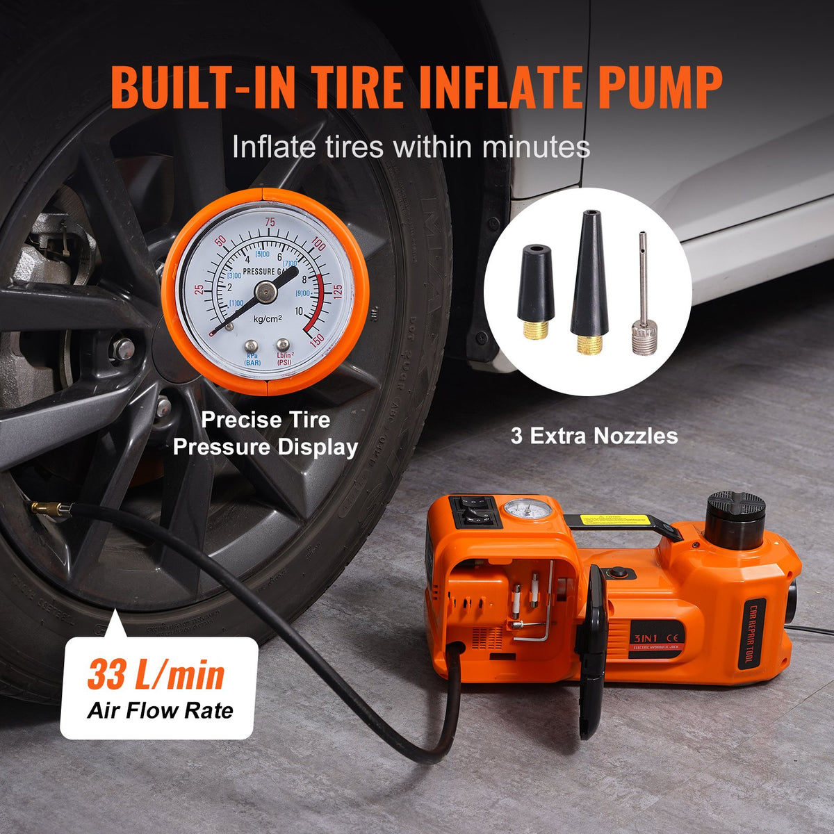 VEVOR Electric Hydraulic Car Floor Jack 5 Ton 12V w/Impact Wrench Inflator Pump