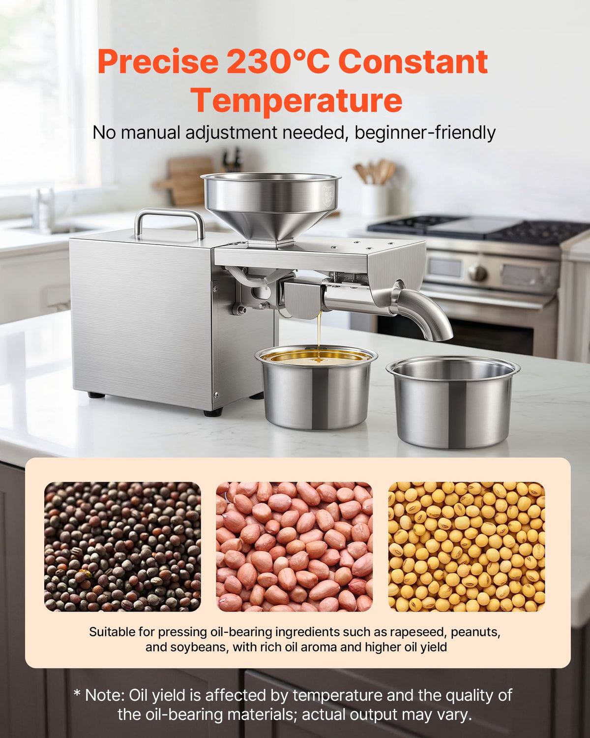 VEVOR Oil Press Machine, 3.75 kg/H Capacity, 700W Oil Extractor Machine, Automatic Electric Oil Maker for Home Use, Constant 230℃ Hot Pressing for Peanuts Sesames Soybeans Almonds