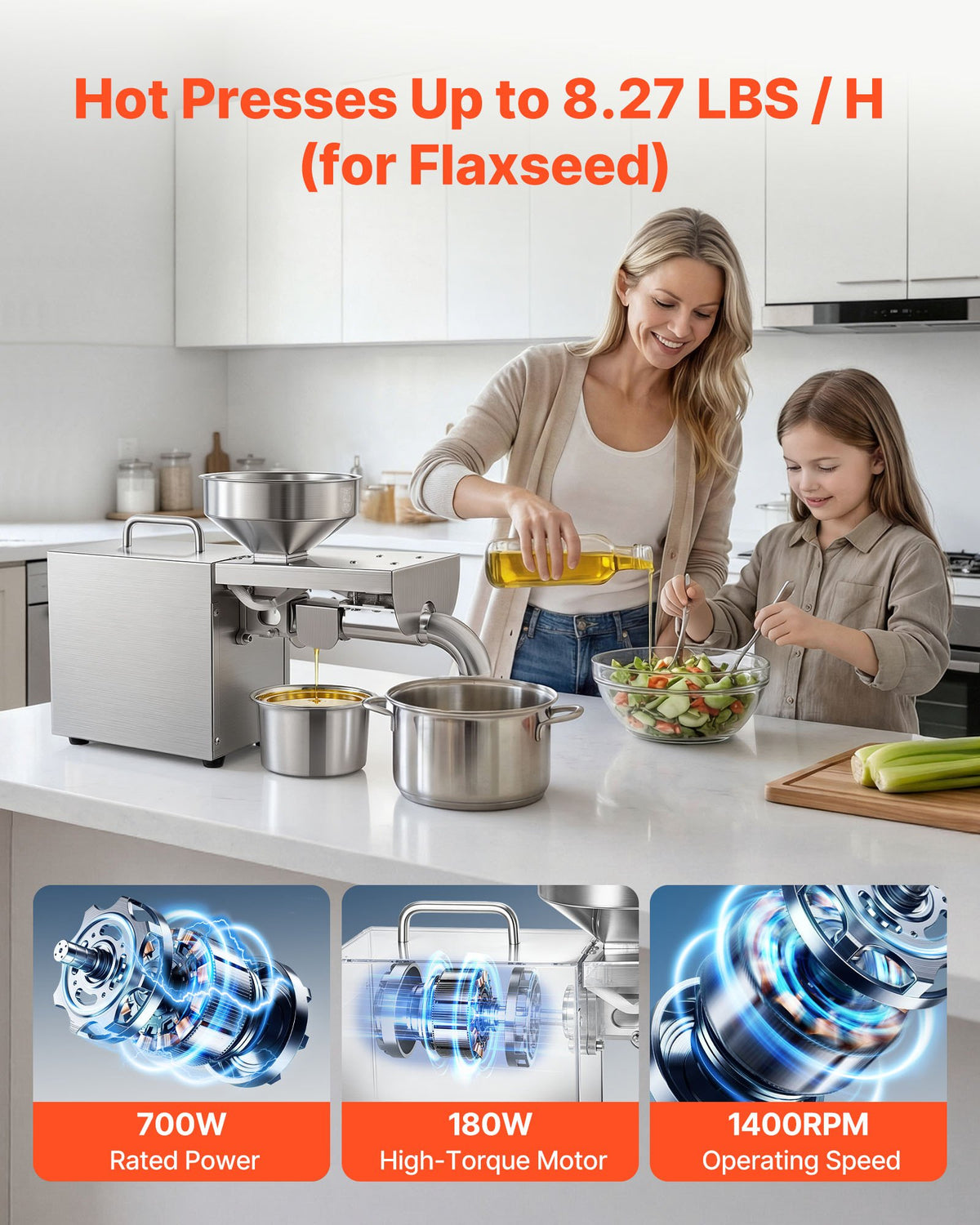 VEVOR Oil Press Machine, 3.75 kg/H Capacity, 700W Oil Extractor Machine, Automatic Electric Oil Maker for Home Use, Constant 230℃ Hot Pressing for Peanuts Sesames Soybeans Almonds