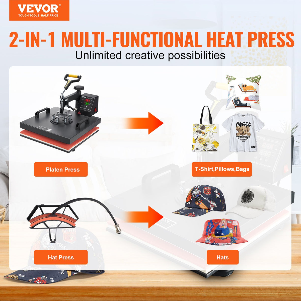 VEVOR Heat Press Machine, 15x15inch / 38x38cm, 2IN1 Clamshell Sublimation Transfer Printer with Teflon Coating, Digital Precise Heat Control, Powerpress for T-shirts Hats Caps