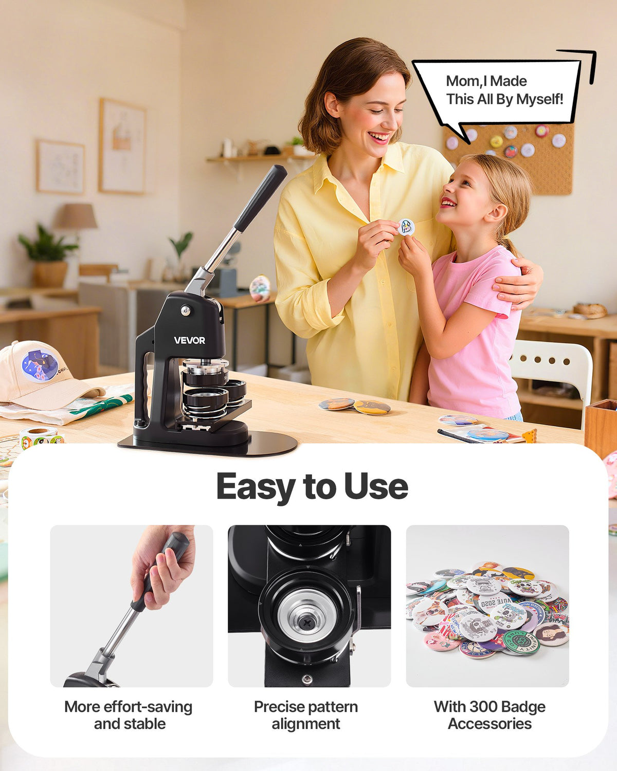 VEVOR Button Maker Machine, 32/58/75 mm 3-in-1, Plastic Pin Maker with 300pcs Button Parts, Circle Cutter and Magic Book, Reinforced Ergonomic Handle, for DIY Badges, Personalized Pins, Black