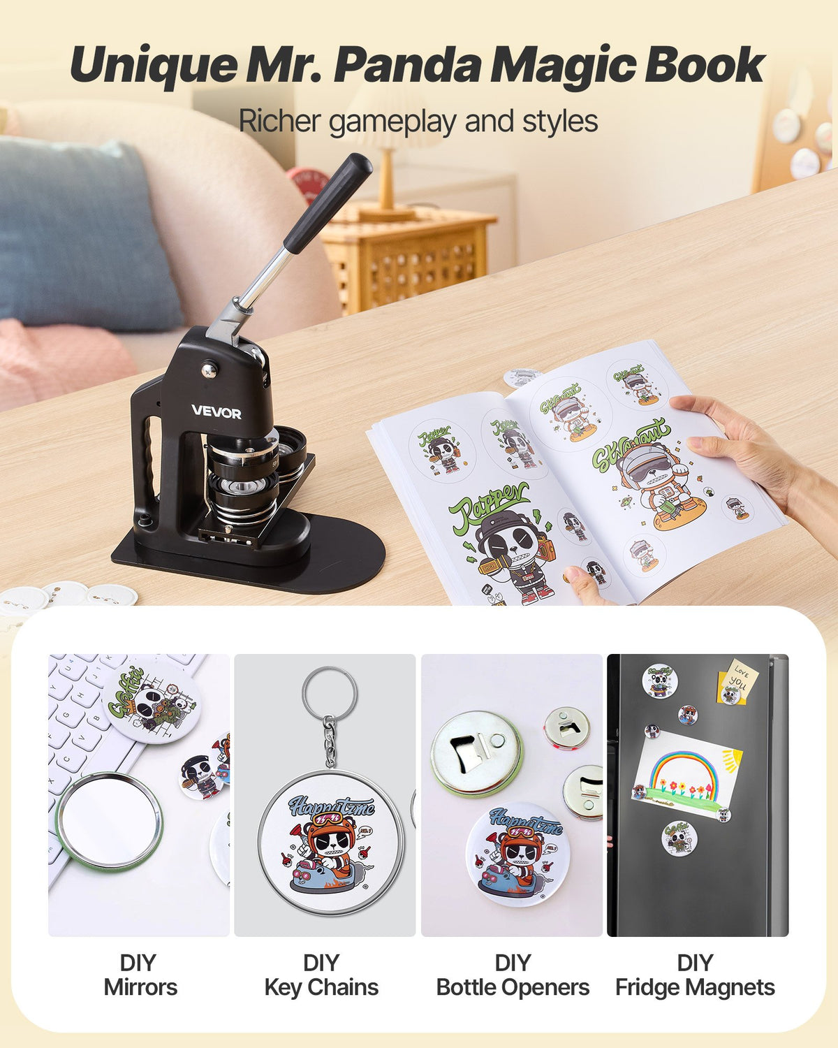 VEVOR Button Maker Machine, 32/58/75 mm 3-in-1, Plastic Pin Maker with 300pcs Button Parts, Circle Cutter and Magic Book, Reinforced Ergonomic Handle, for DIY Badges, Personalized Pins, Black
