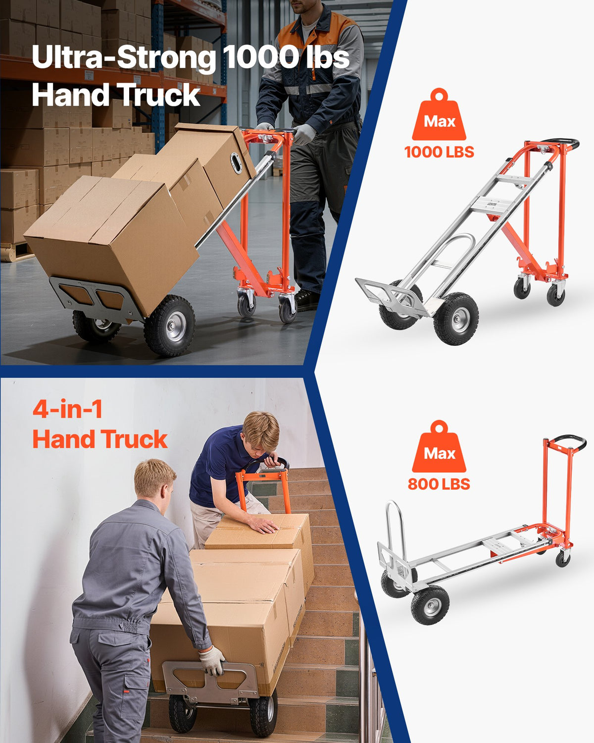 VEVOR 4 in 1 Hand Truck, 453.6 kg Load Capacity for 4-Wheel Mode, Convertible Hand Truck Dolly with Non-Slip Handle & Wheels, Aluminum Alloy Portable Trolley Dolly for Moving Home, Office, Warehouse