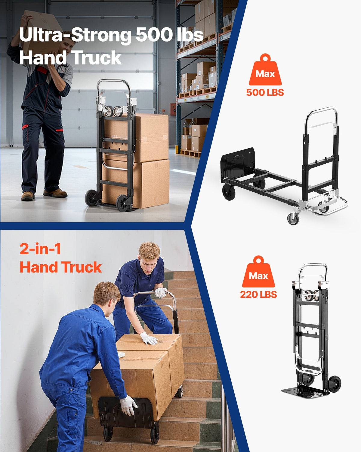 VEVOR 2 in 1 Folding Hand Truck, 226.9 kg Load Capacity for 4-Wheel Mode, Convertible Hand Truck Dolly with Wheels & Adjustable Handle, Portable Trolley Dolly for Moving Home, Office, Warehouse