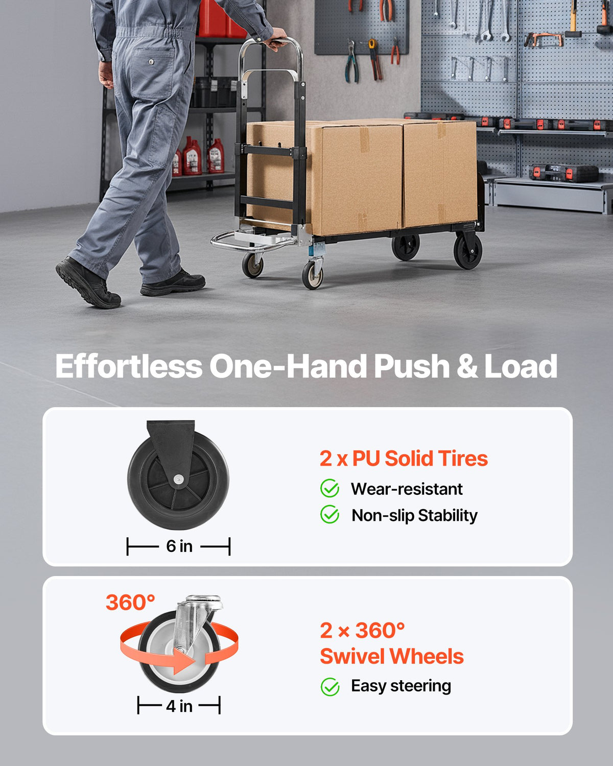 VEVOR 2 in 1 Folding Hand Truck, 226.9 kg Load Capacity for 4-Wheel Mode, Convertible Hand Truck Dolly with Wheels & Adjustable Handle, Portable Trolley Dolly for Moving Home, Office, Warehouse