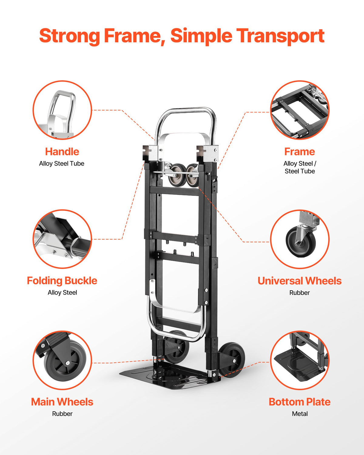 VEVOR 2 in 1 Folding Hand Truck, 226.9 kg Load Capacity for 4-Wheel Mode, Convertible Hand Truck Dolly with Wheels & Adjustable Handle, Portable Trolley Dolly for Moving Home, Office, Warehouse