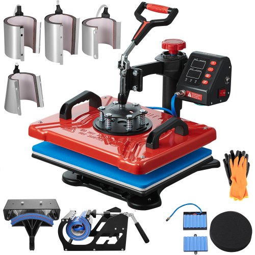 VEVOR Heat Press 30.5x38.1 cm 10 In 1 Heat Press 1000W Heat Press Machine with 360° Rotation Swing Away Red Heat Press T-Shirt Sublimation Machine Dual-tube Heating for DIY Pens Caps Mugs and Shirts