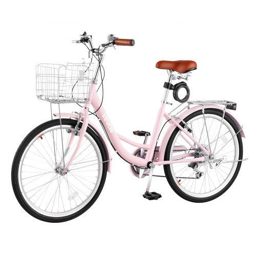 VEVOR Women Bike, 61cm Beach Cruiser Bike, 7-Speed Adult City Bicycle with Carbon Steel Frame, 150kg Capacity, Basket, Rear Rack & Dual V-Brakes, Pink