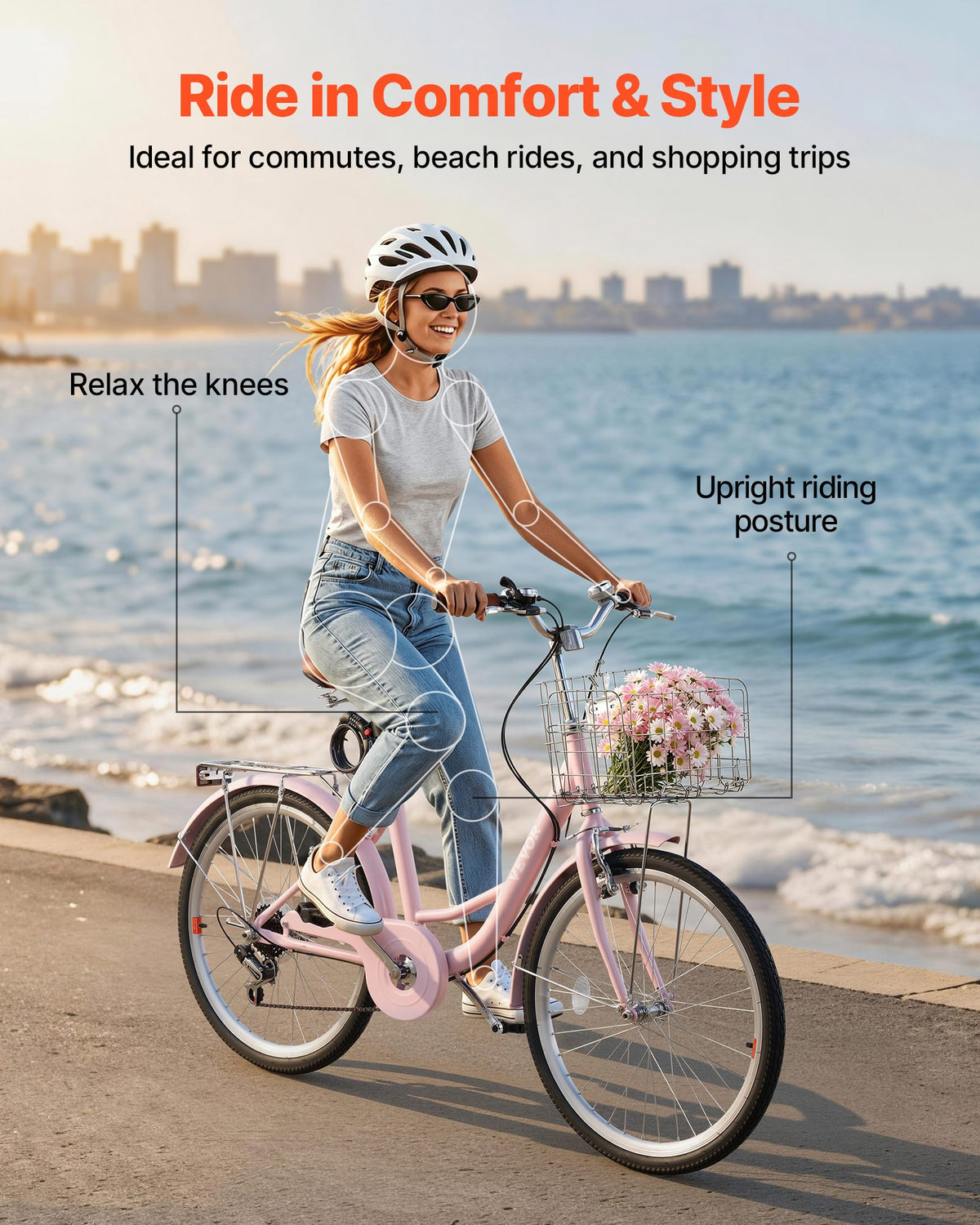 VEVOR Women Bike, 61cm Beach Cruiser Bike, 7-Speed Adult City Bicycle with Carbon Steel Frame, 150kg Capacity, Basket, Rear Rack & Dual V-Brakes, Pink