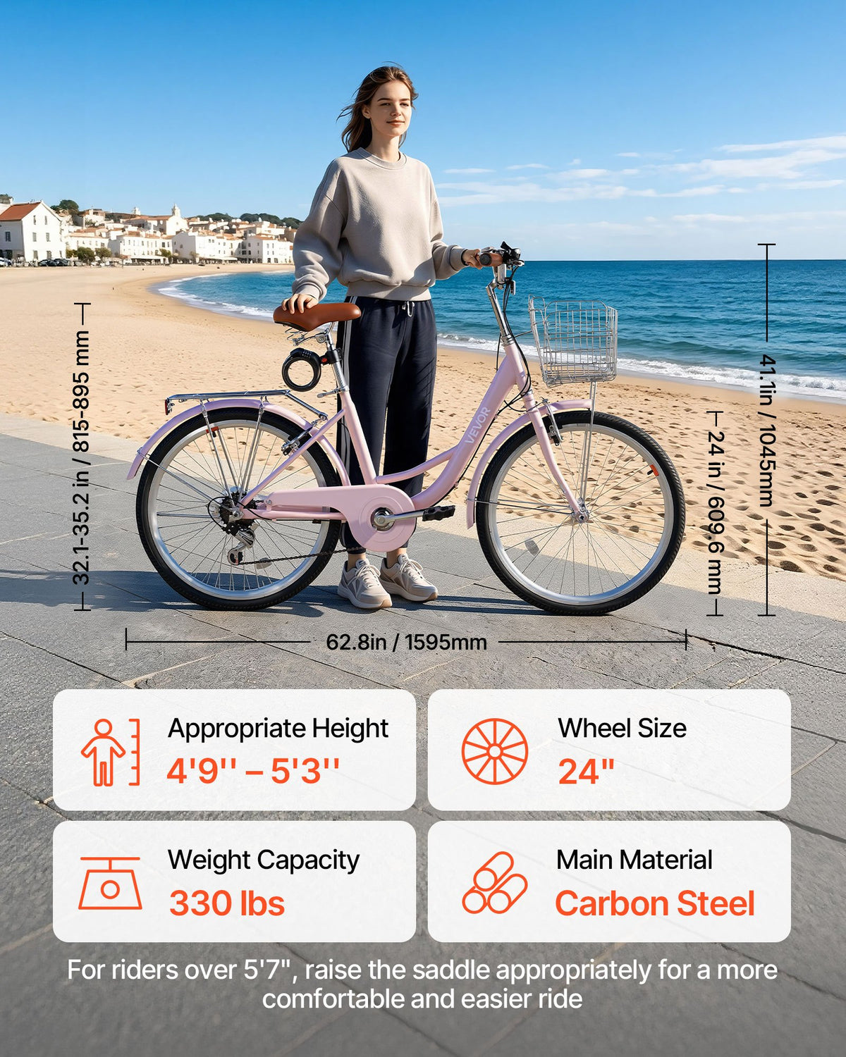 VEVOR Women Bike, 61cm Beach Cruiser Bike, 7-Speed Adult City Bicycle with Carbon Steel Frame, 150kg Capacity, Basket, Rear Rack & Dual V-Brakes, Pink