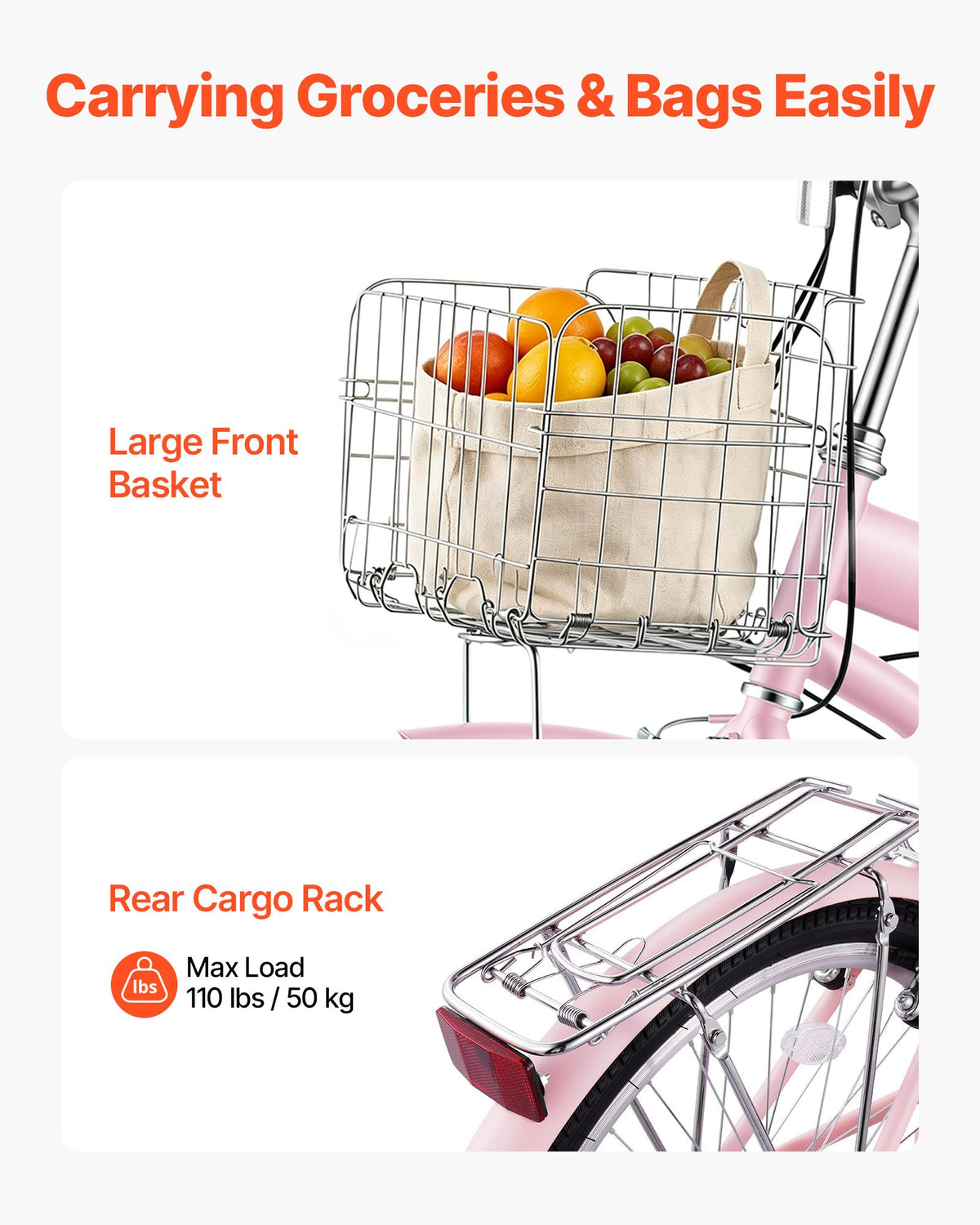 VEVOR Women Bike, 61cm Beach Cruiser Bike, 7-Speed Adult City Bicycle with Carbon Steel Frame, 150kg Capacity, Basket, Rear Rack & Dual V-Brakes, Pink