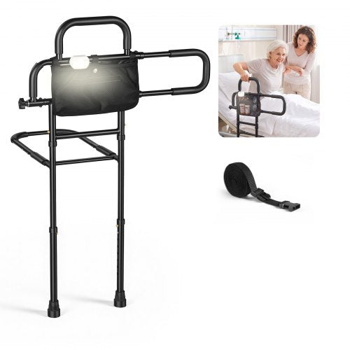VEVOR Bed Rails for Elderly Adults Bed Side Assist Rail with Floor Support, Motion Sensor LED Light, 136kg Dual-Handle Support, Adjustable Handle Length, Storage Pocket, Fits King Queen Full Twin Bed